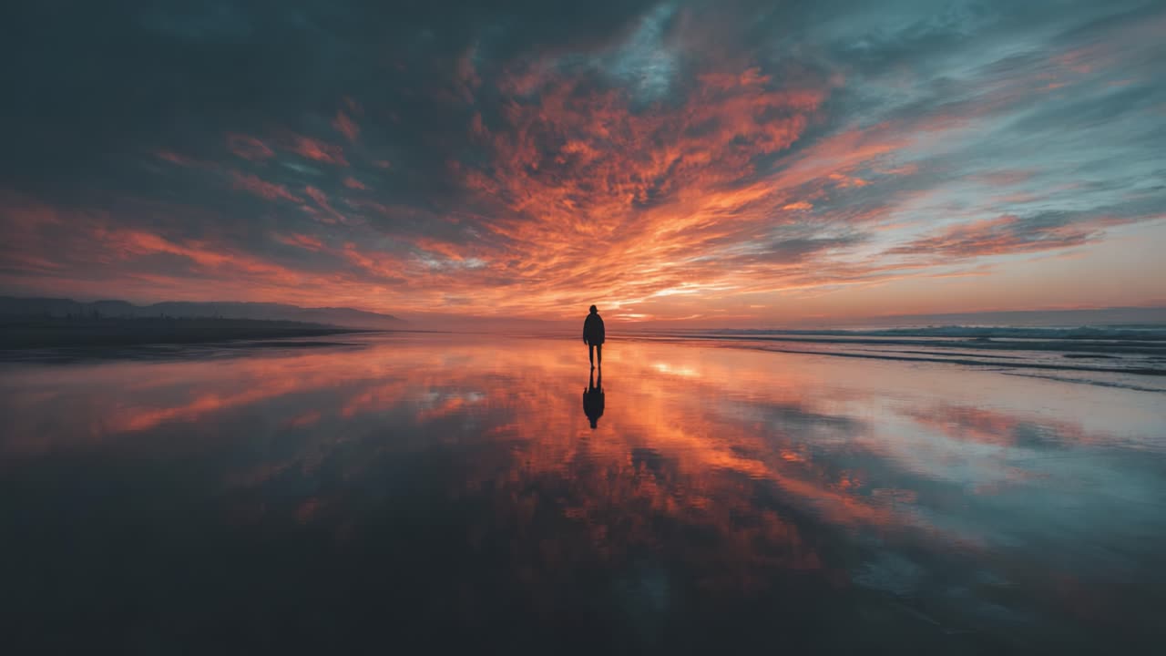 A solitary figure stands against a breathtaking sunset, reflecting vibrant colors on a still body of water, capturing the serenity and beauty of nature in twilight