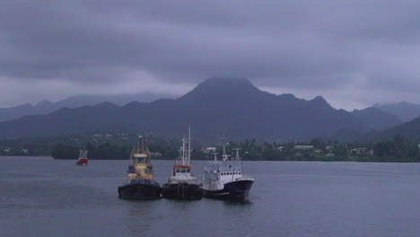 Rainy-cloudy-fishing-boats-cruise-Fiji-Fijian-sea-port-marina-Garden-Island-Taveuni-Island-Suva-Nadi-Pacific-Ocean-shoreline-beach-front-jungle-rainforest-on-hillside-Viti-Levu-Group-landscape-nature