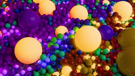 3d bucle de animación en 4k con hermosas esferas pequeñas y grandes o bolas como un fondo de vacaciones abstractas. hermosa composición de coloridas esferas brillantes