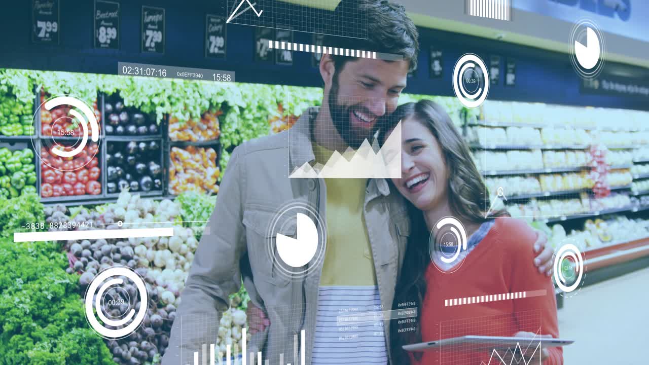 Pair walking grocery aisle with cart, woman tapping pad showing HUD charts guiding picks, embracing