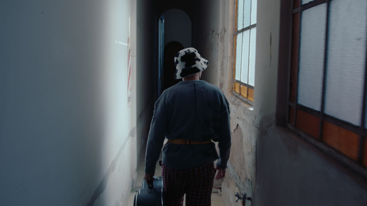 Man with Guitar Walking through Hallway in Old Apartment Building