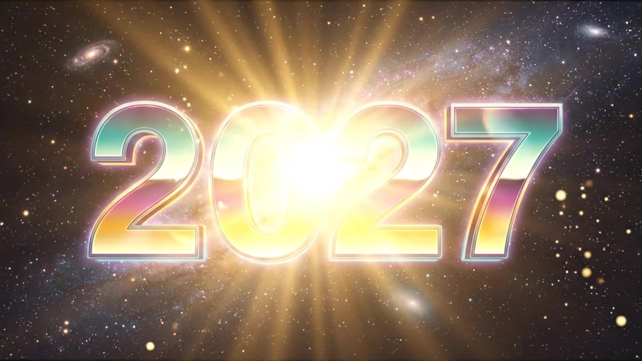 Testo animato "2027" su uno sfondo di galassia luminosa