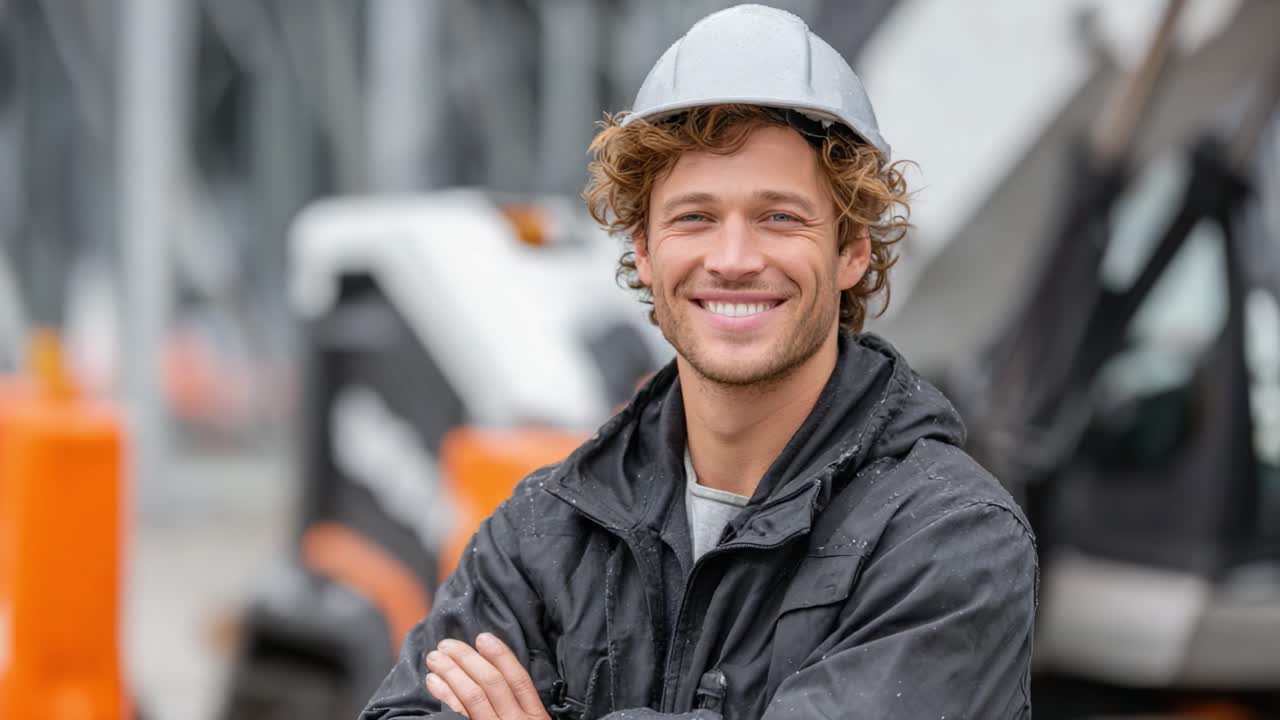 A cheerful construction worker with a hard hat confidently poses during a workday, displaying a friendly smile and a dedicated attitude towards his job on the site