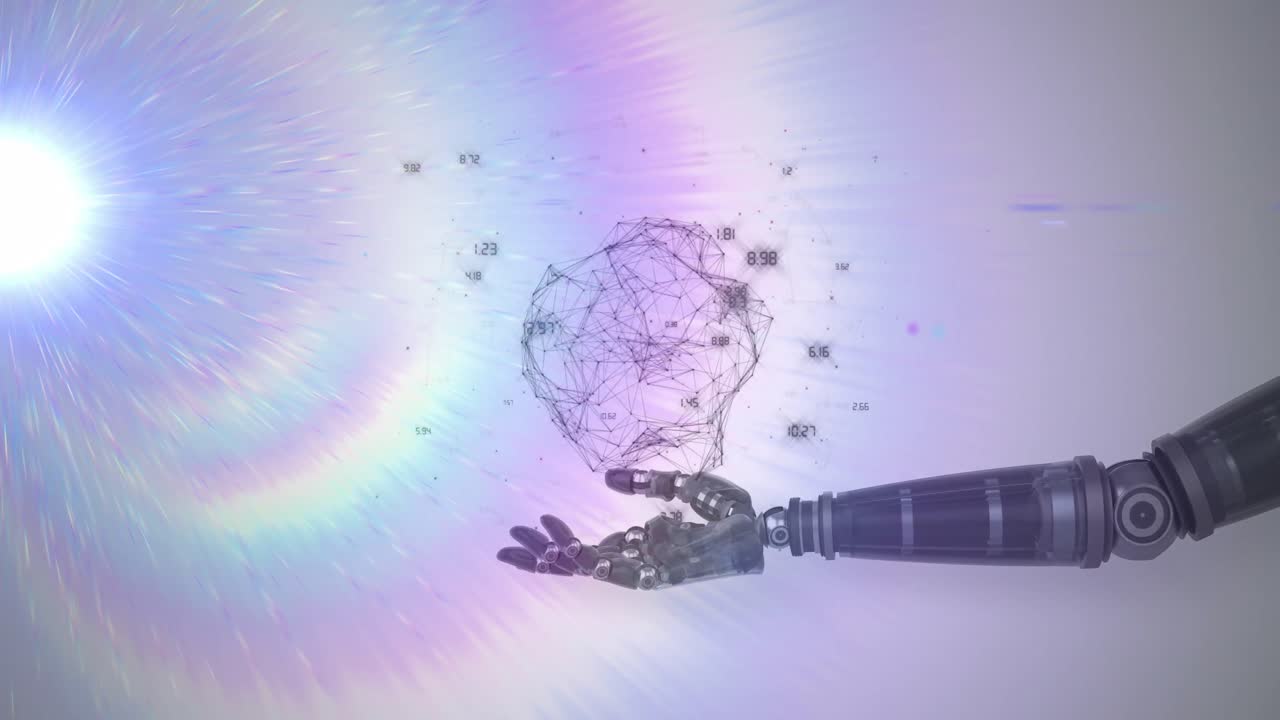 animación de la red de conexiones que procesan datos sobre la mano del brazo del robot, con luz prismática