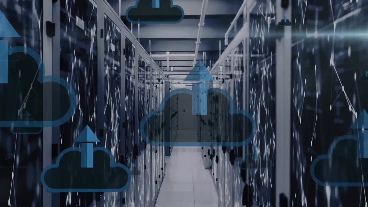 Animation of multiple cloud upload icons floating and network of connections against server room