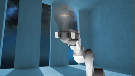 Animation of robot&#039;s hand holding light bulb on blue background