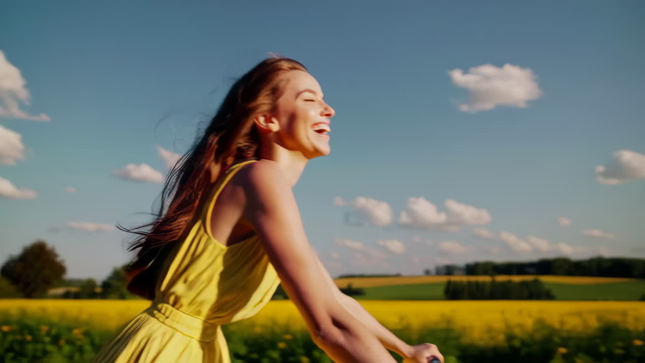 Woman Cycling Through a Field in a Yellow Dress