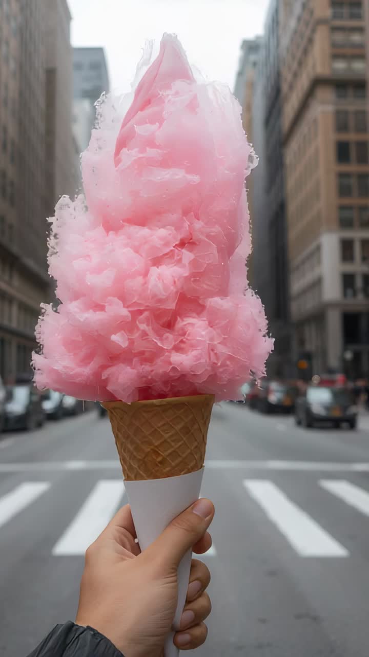 Vertical video: Entering hand in coat holding pink cotton candy on cone at crossing showing