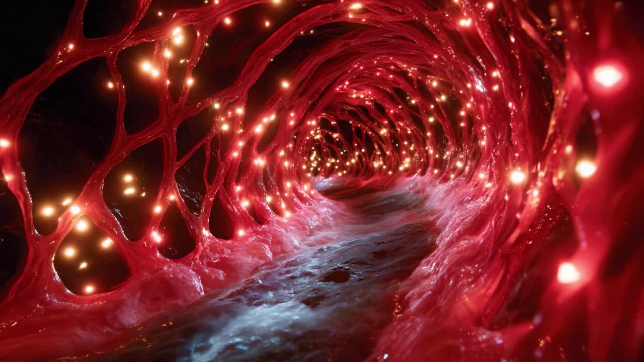 A fascinating visualization of a biological structure illuminated with shimmering lights, resembling a vibrant network in a surrealistic environment of flowing elements