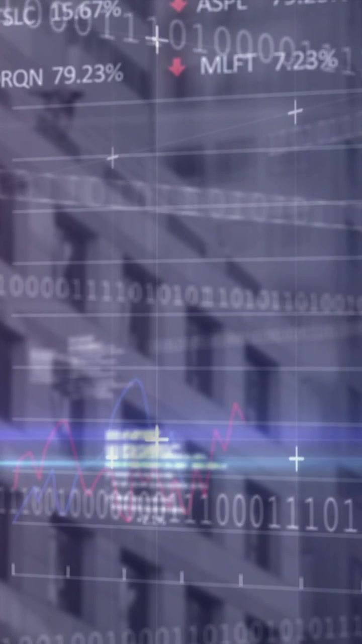 Animation of financial data processing over cityscape