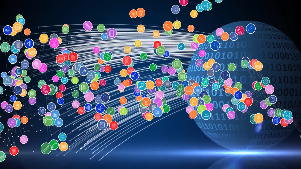 전 세계를 배경으로 디지털 아이콘으로 연결하는 네트워크의 애니메이션