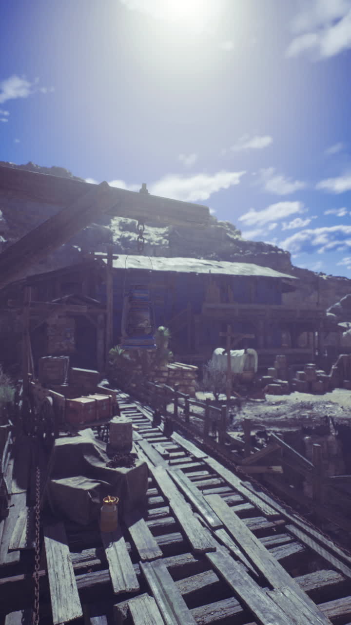 Old mining town under bright sky with wooden structures and rocky terrain