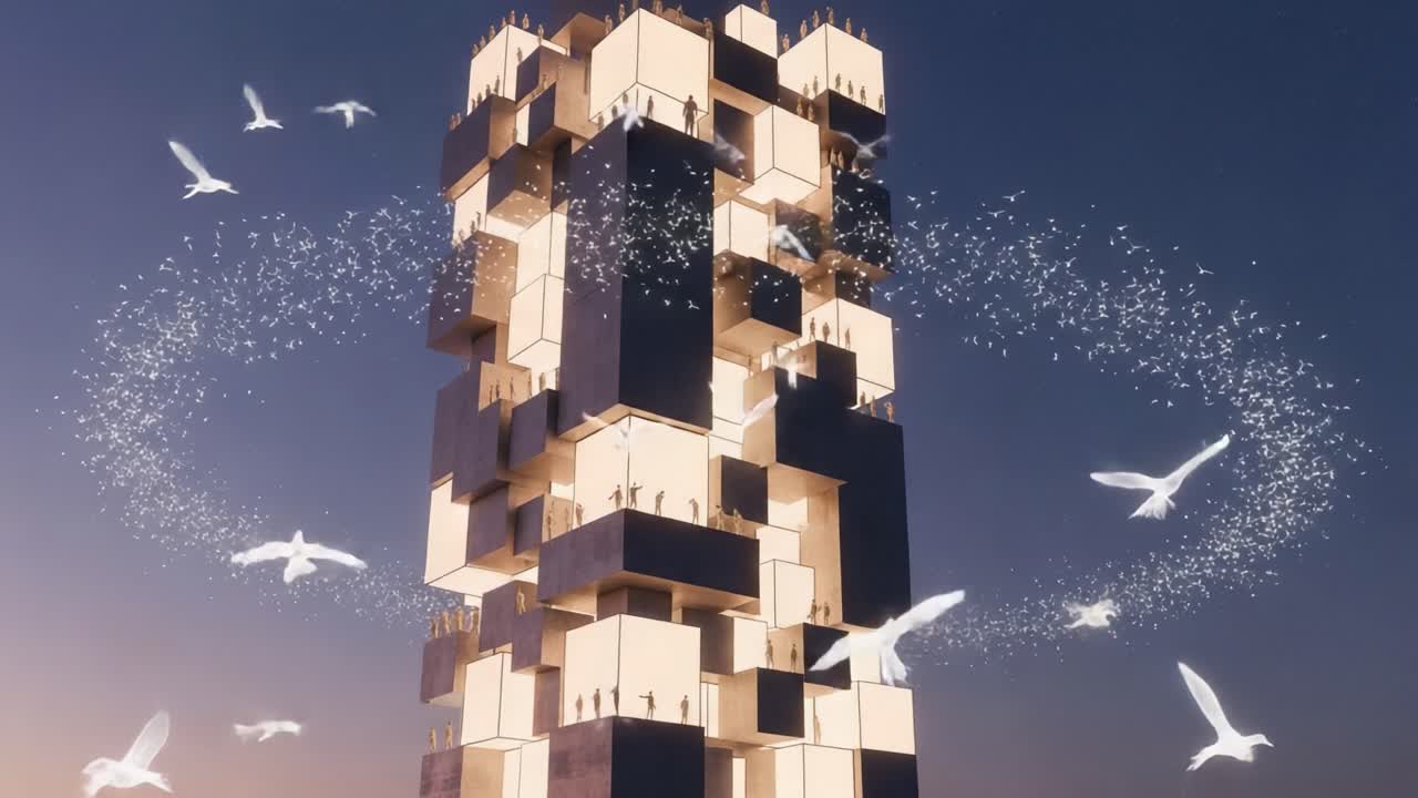 A stunning architectural marvel rises into the twilight sky, surrounded by a flurry of ethereal birds, showcasing a harmonious blend of modern design and nature's beauty