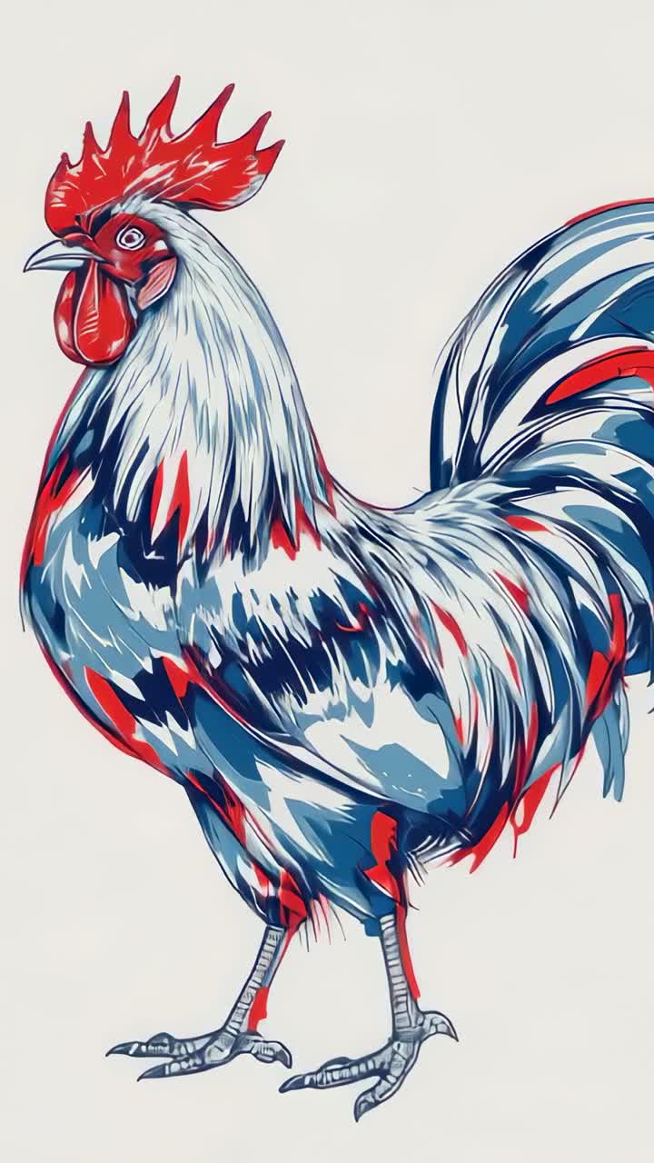 Vertical video: Panning camera across stylized rooster illustration backdrop cropping to comb focus