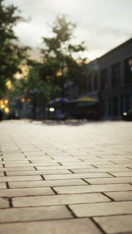 cobblestone street in a city with buildings in the background