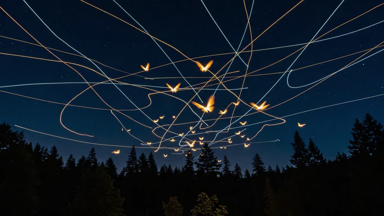 An Enchanting Night Sky Dance: Illuminated Birds Choreographing a Mesmerizing Light Show Over a Mystic Forest Landscape
