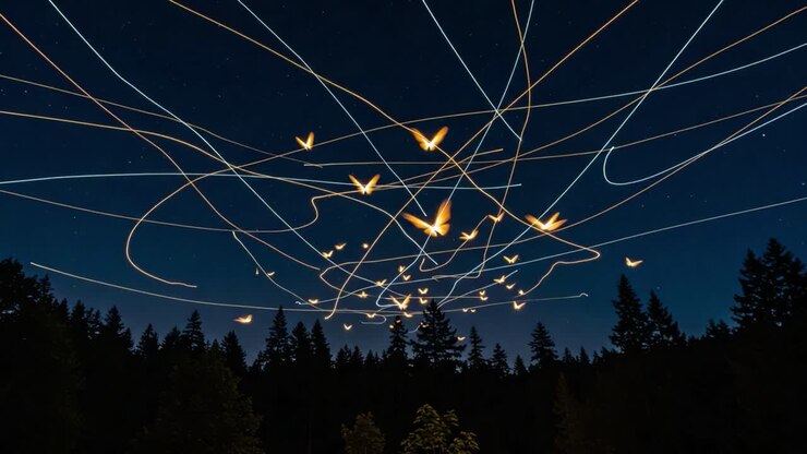An Enchanting Night Sky Dance: Illuminated Birds Choreographing a Mesmerizing Light Show Over a Mystic Forest Landscape