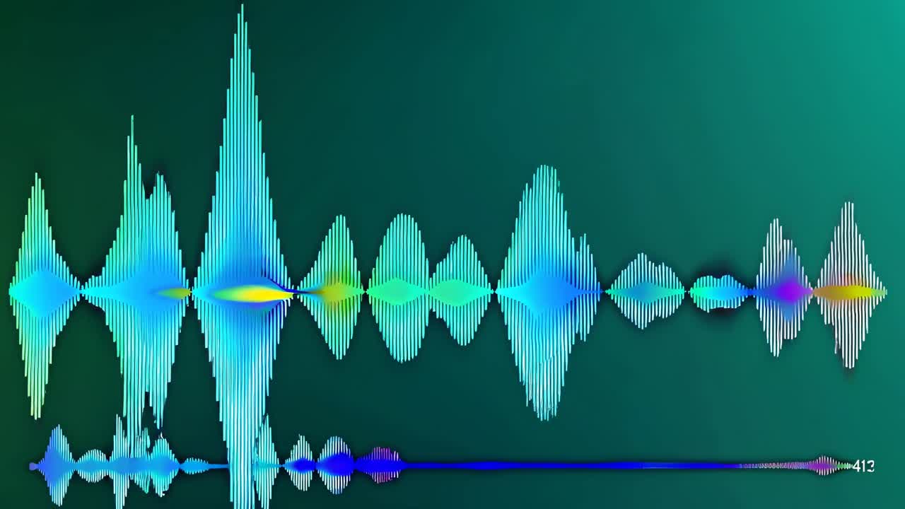 Colorful audio waveforms on a dark background, viewed from a straight-on angle, evoke a dynamic