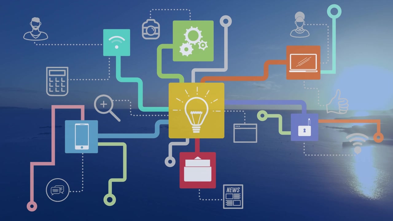 Animation of technology icons over seascape at sunset
