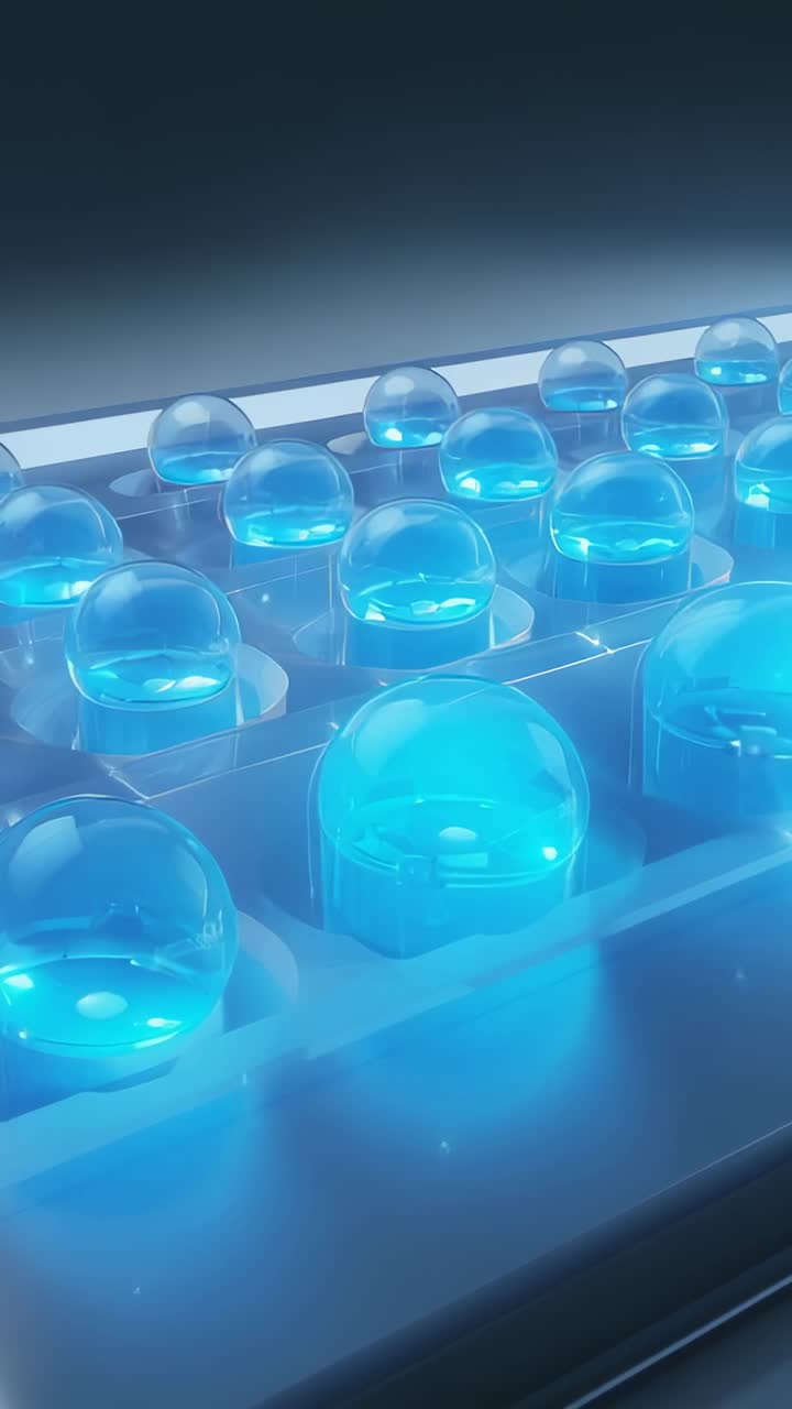Video verticale: camera in movimento, LED che si illumina rivelando un vassoio di cupole di gel blu, mostrando la lucentezza