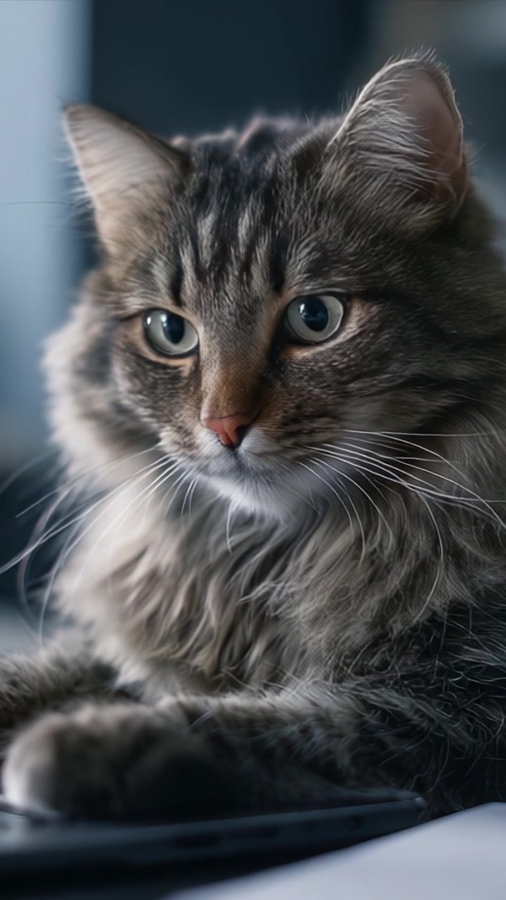 Primo piano accattivante di un gatto maestoso con occhi sorprendenti, che mostra il suo bellissimo pelo e il suo viso espressivo in due diversi fotogrammi di un video.
