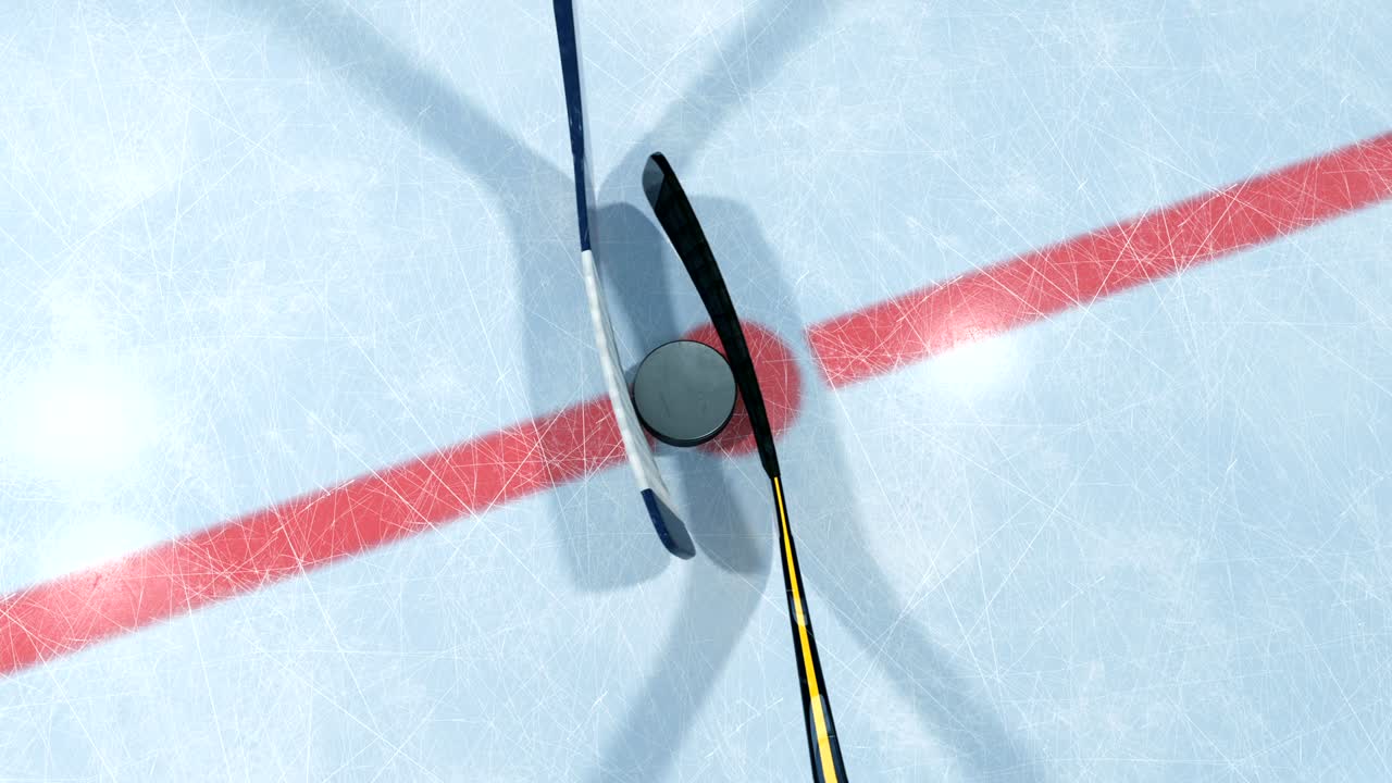 두 개의 하키 스틱이 던지기 구역에서 얼음 위에서 크를 위해 싸우고 있습니다. dof blur와 함께 그리고 없이 아름다운 3d 애니메이션. 활동적인 스포츠 개념. id 마스크.