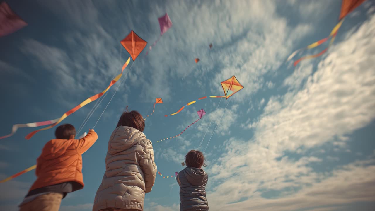 Children Joyfully Flying Kites Against a Scenic Sky, Embracing the Spirit of Playfulness and Freedom in a Vibrant Outdoor Setting