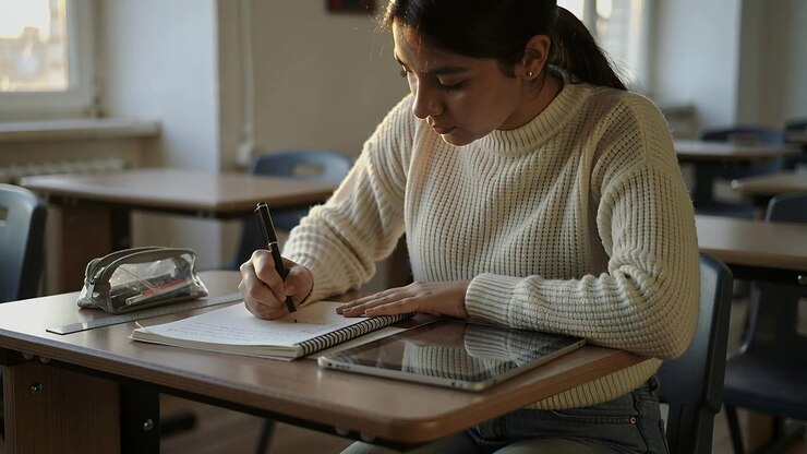 Writing Asian student taking notes in spiral notebook at school desk, with black pen and tablet