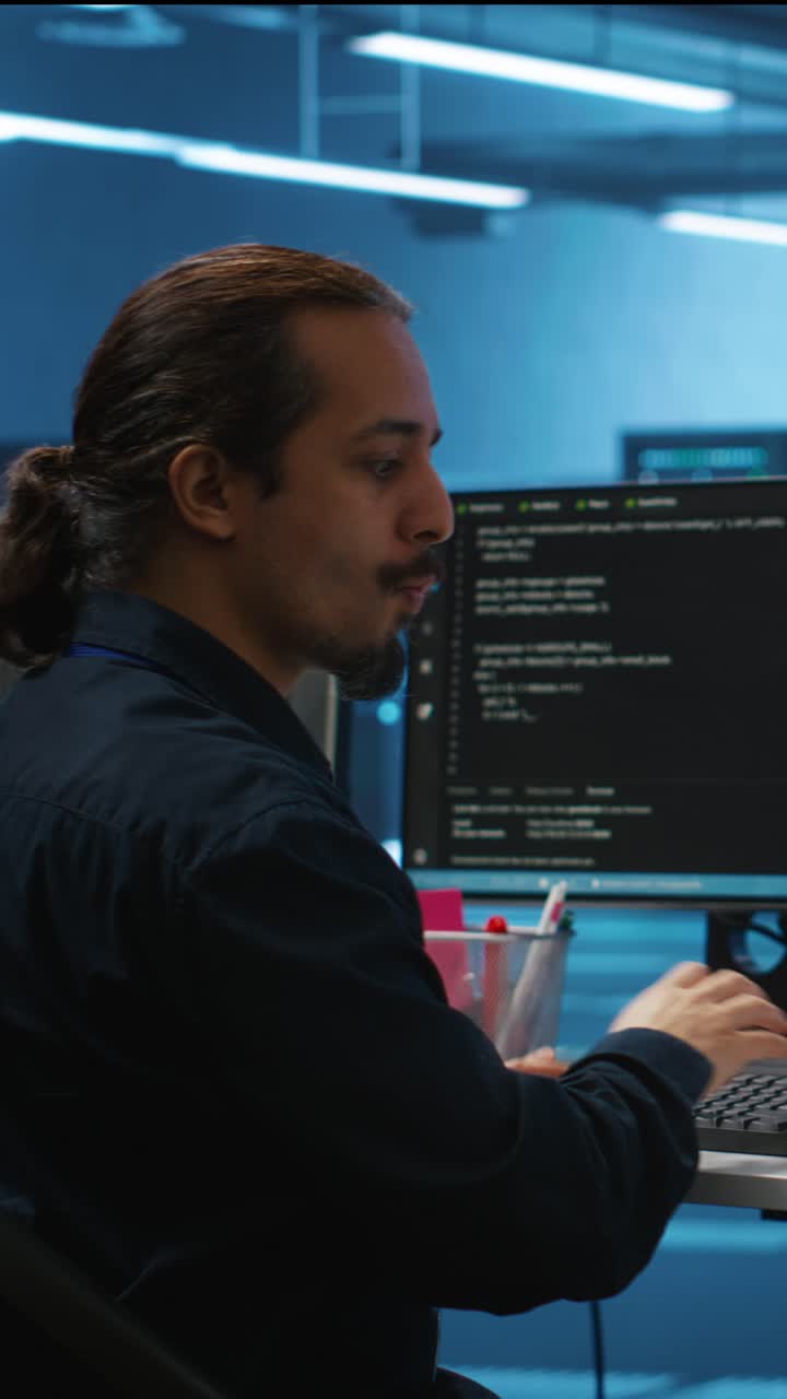 Male Programmer Working on Computer in Server Room