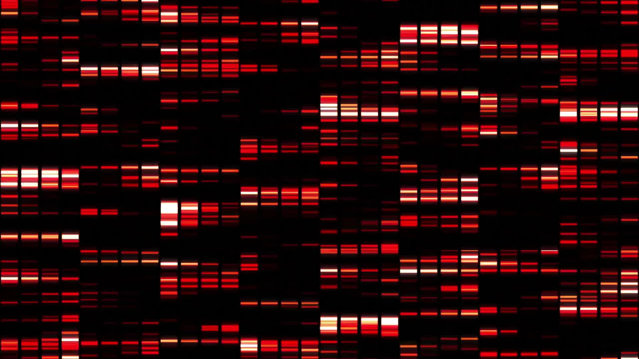 Red and black DNA sequencing animation with glowing bars