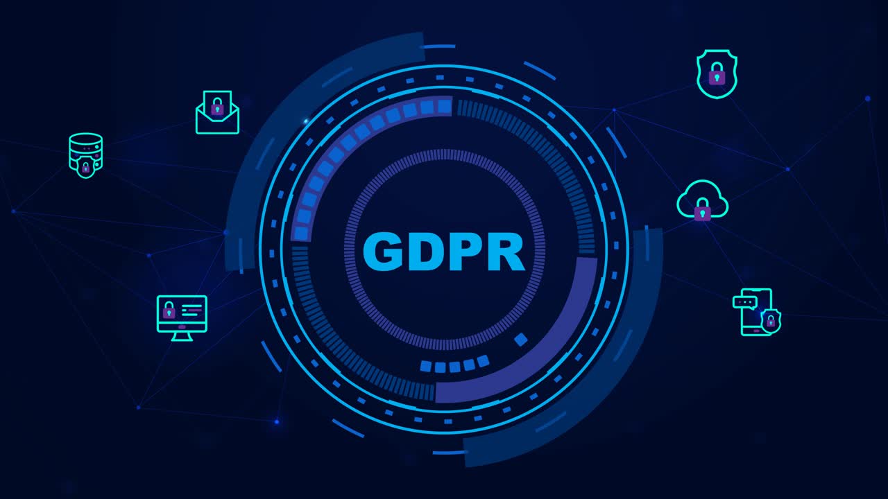 GDPR or General Data Protection Act Regulation Tech Compliance Abstract Art 4k on Blue Neon Background