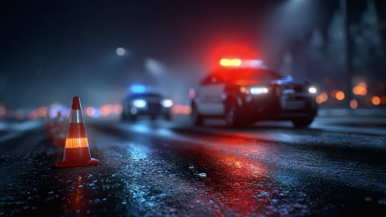A Dramatic Night Scene Featuring Police Vehicles and Traffic Cones Illuminated by Vibrant Emergency Lights on a Rain-Slicked Road