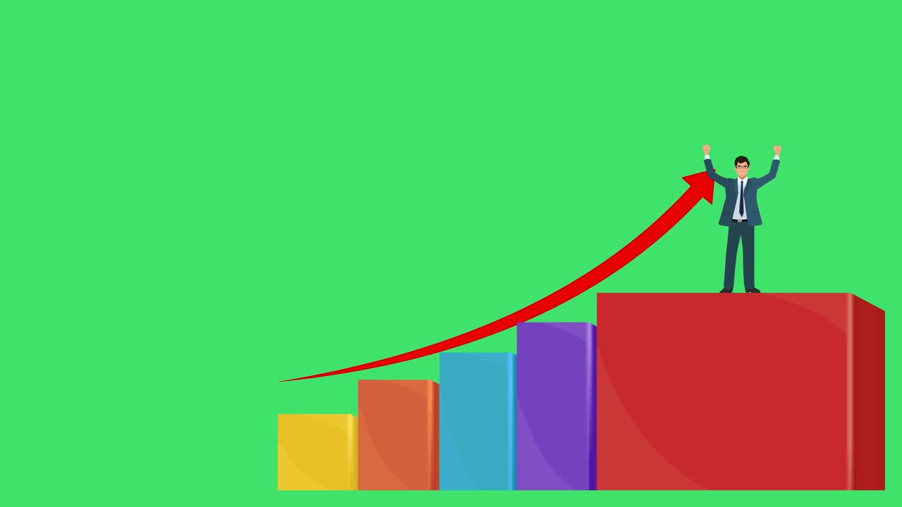 un hombre de negocios, empresario o ejecutivo de ventas escalando con un gráfico de barras de crecimiento en varios colores y 4k en un fondo de pantalla verde para la personalización