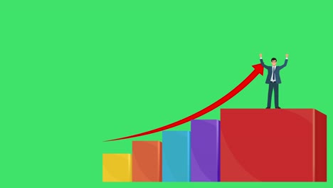 un hombre de negocios, empresario o ejecutivo de ventas escalando con un gráfico de barras de crecimiento en varios colores y 4k en un fondo de pantalla verde para la personalización