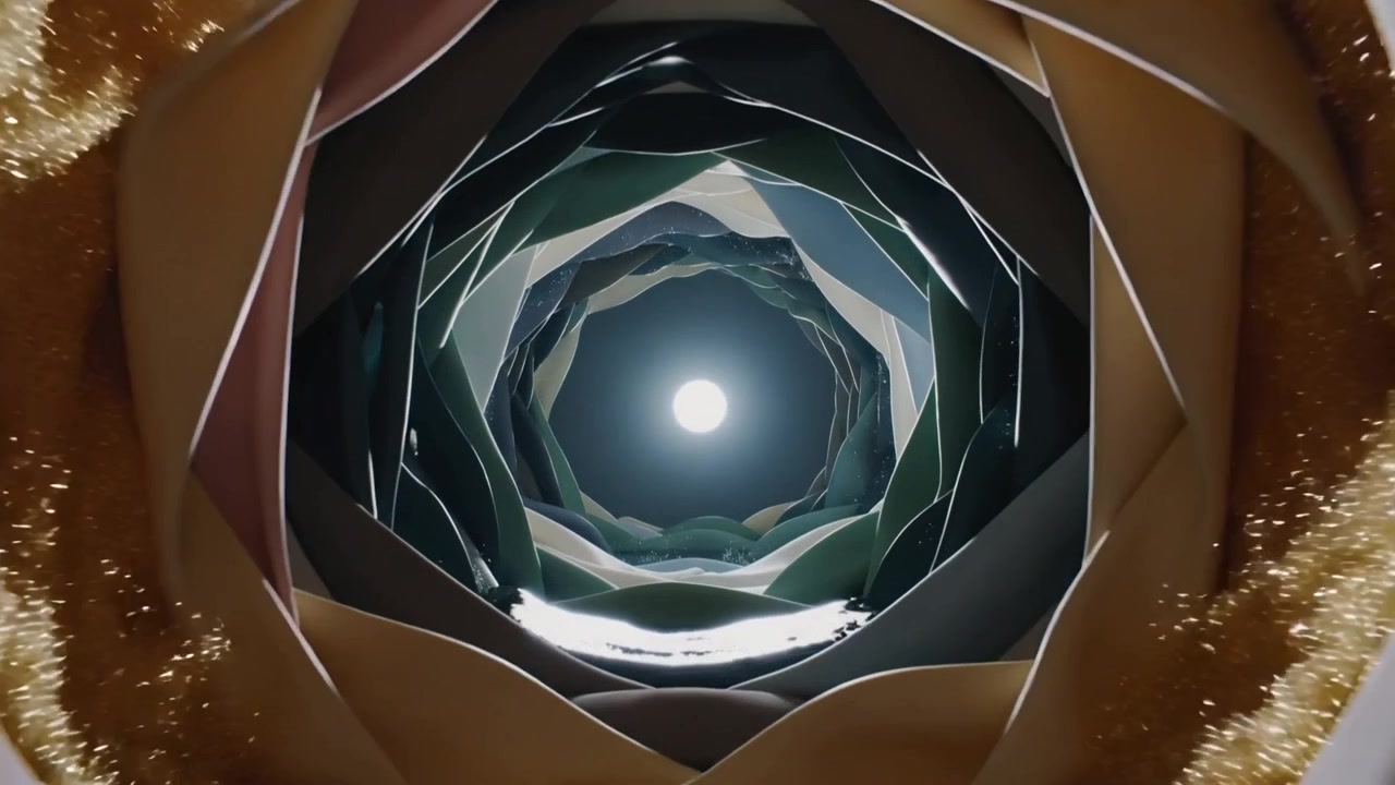 Moving camera advancing into paper tunnel in dark set, revealing glitter, wet pool, central light