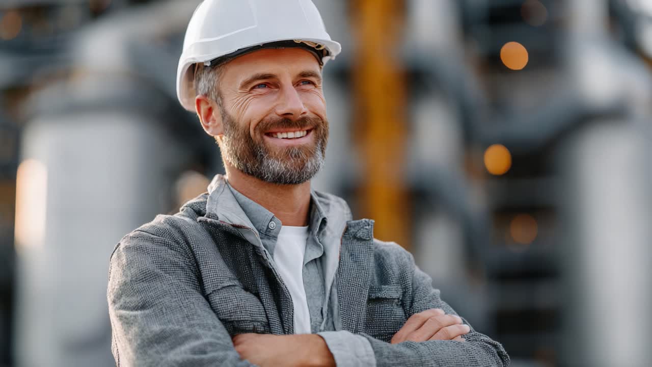Confident Construction Worker in Hard Hat Smiling at Job Site: A Portrait of Professionalism and Safety in Industrial Environment