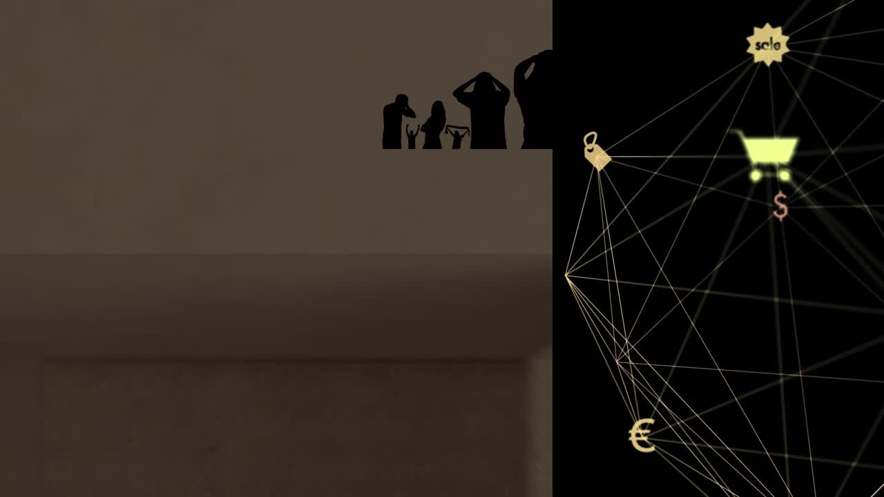 Animation of media icons over silhouettes of people and network of connections