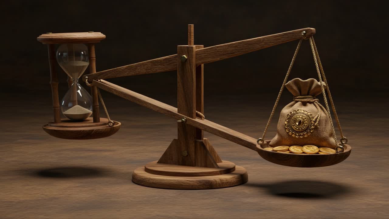 A Symbolic Representation of Balance: An Hourglass Meets a Weighty Bag of Coins, Reflecting the Intricate Relationship Between Time and Wealth