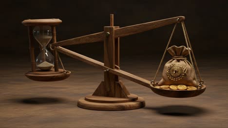 a symbolic representation of balance: an hourglass meets a weighty bag of coins, reflecting the intricate relationship between time and wealth