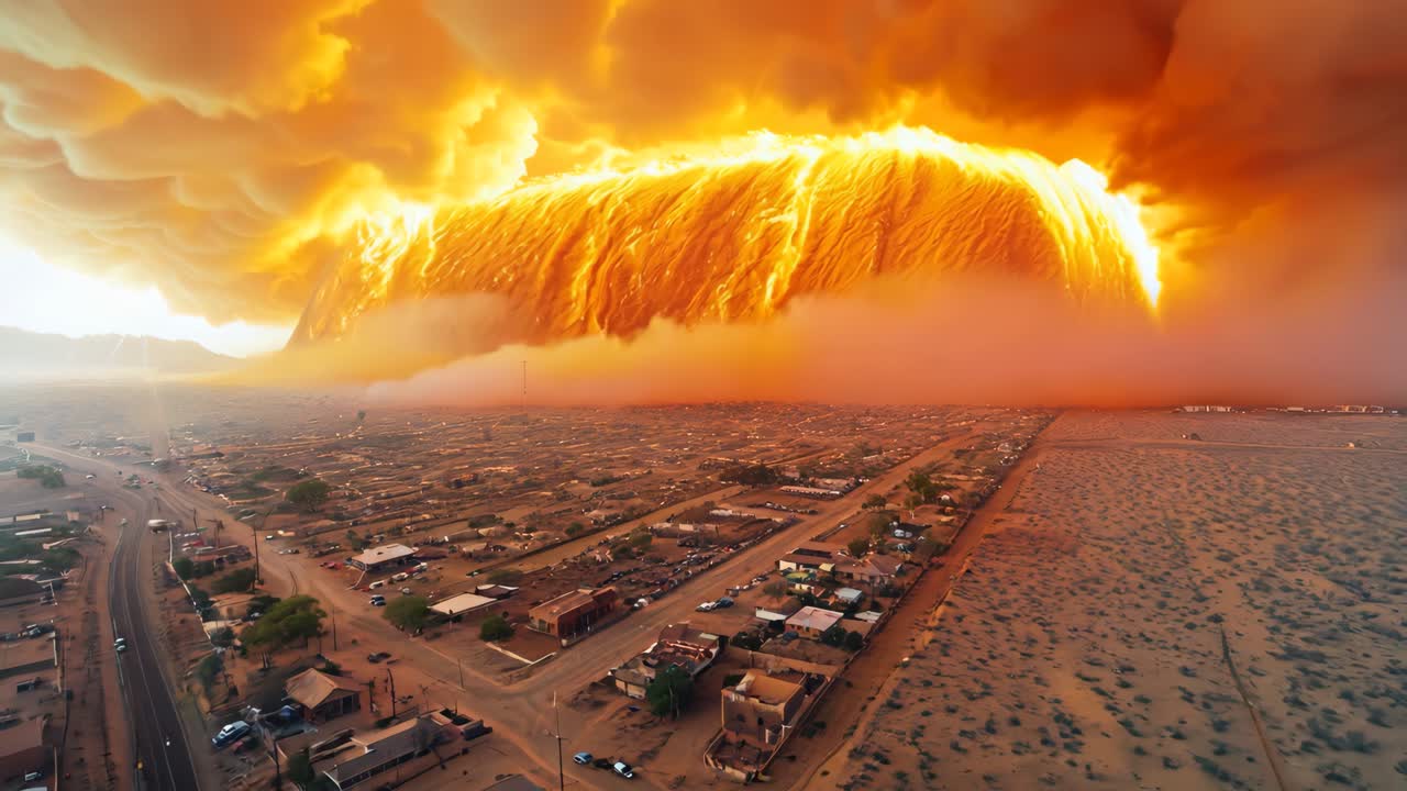 A large orange cloud is seen over a city with a lot of houses. The sky is orange and the clouds are very large