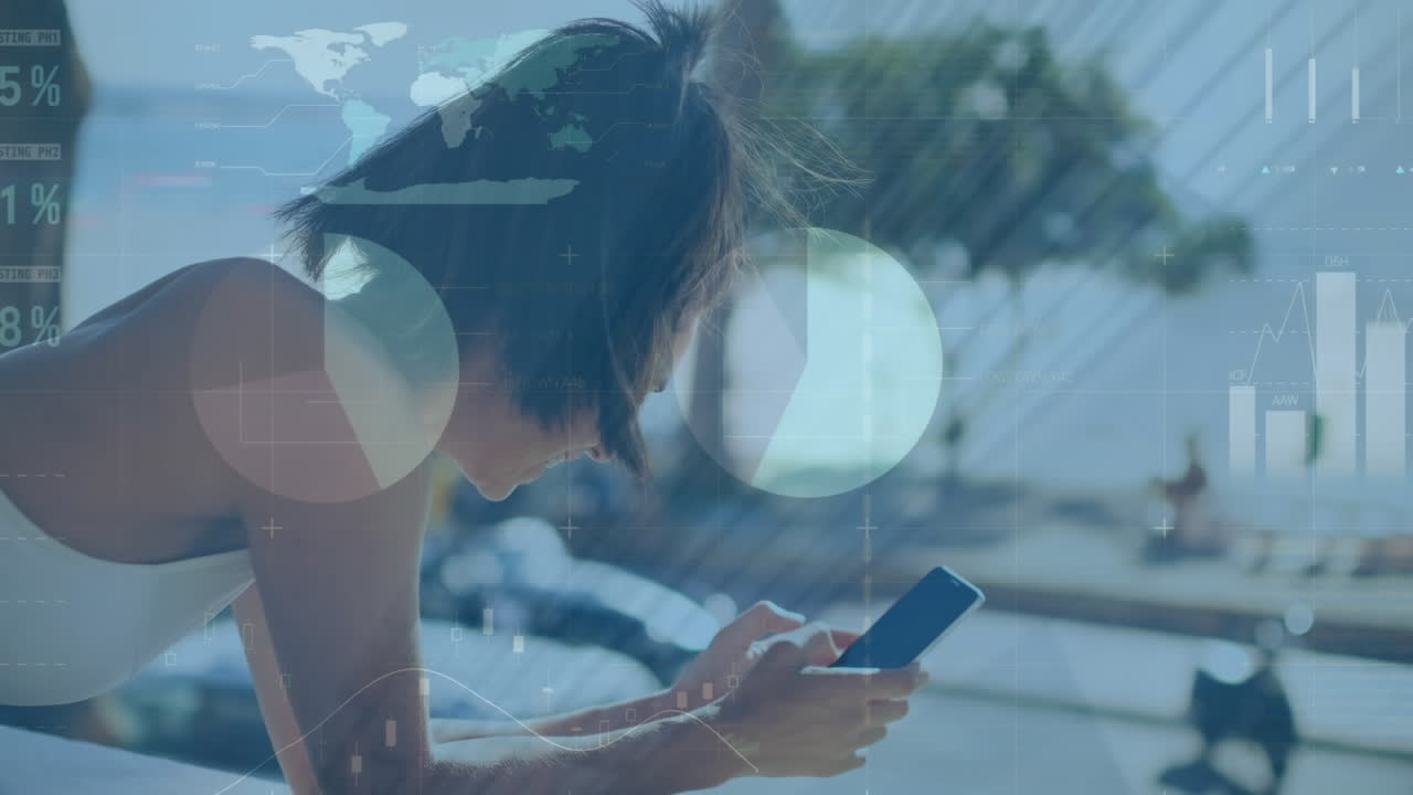 animación de interfaz infográfica multicolor, mujer biracial acostada en la cama y usando el teléfono móvil