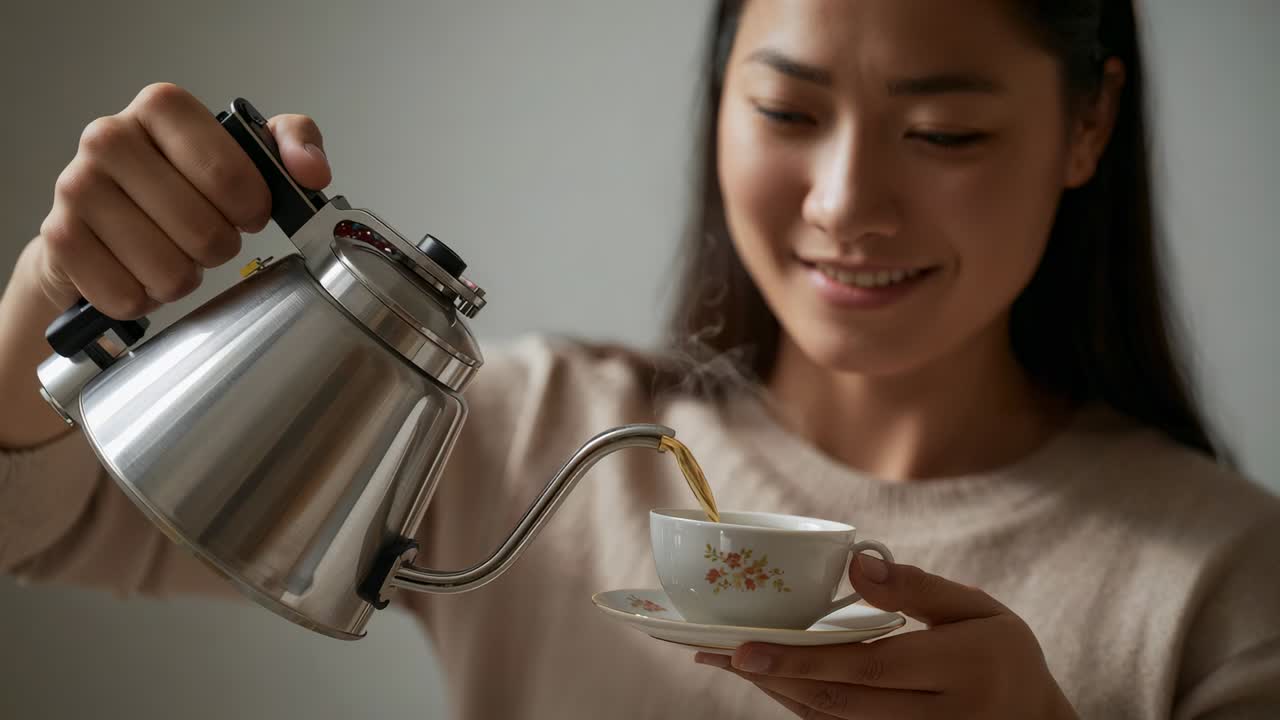 Pouring woman at home in tan sweater steadying saucer as kettle tilt starting pour filling teacup