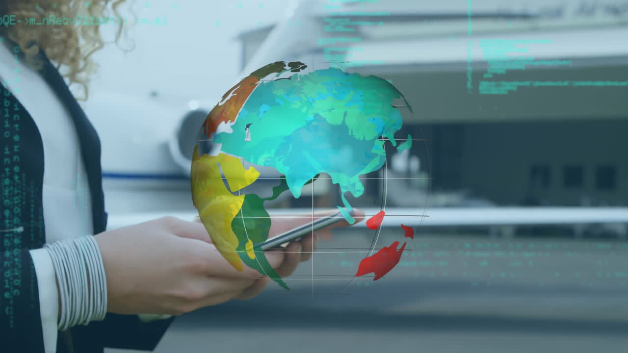 animación de globo giratorio y datos , sobre mujer de negocios usando teléfono inteligente al lado del avión