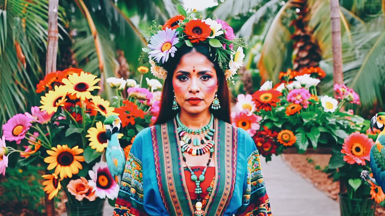 Woman in Tropical Floral Dress with Parrots