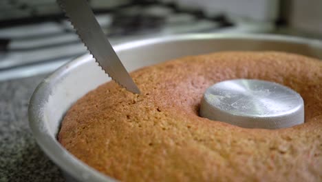 checking carrot cake in tube pan if done by inserting a paring knife