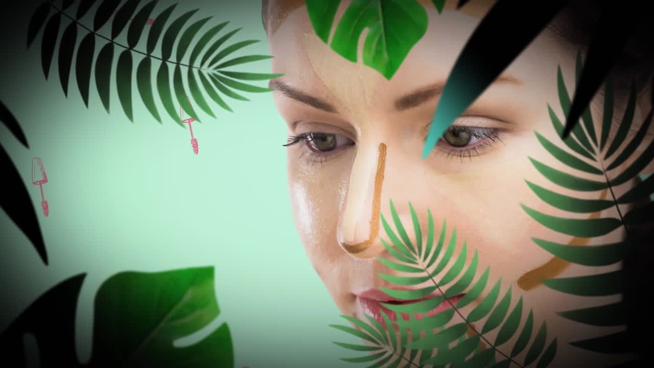 초록색 배경 에 있는 마스카라 아이콘 과 여자 의 애니메이션