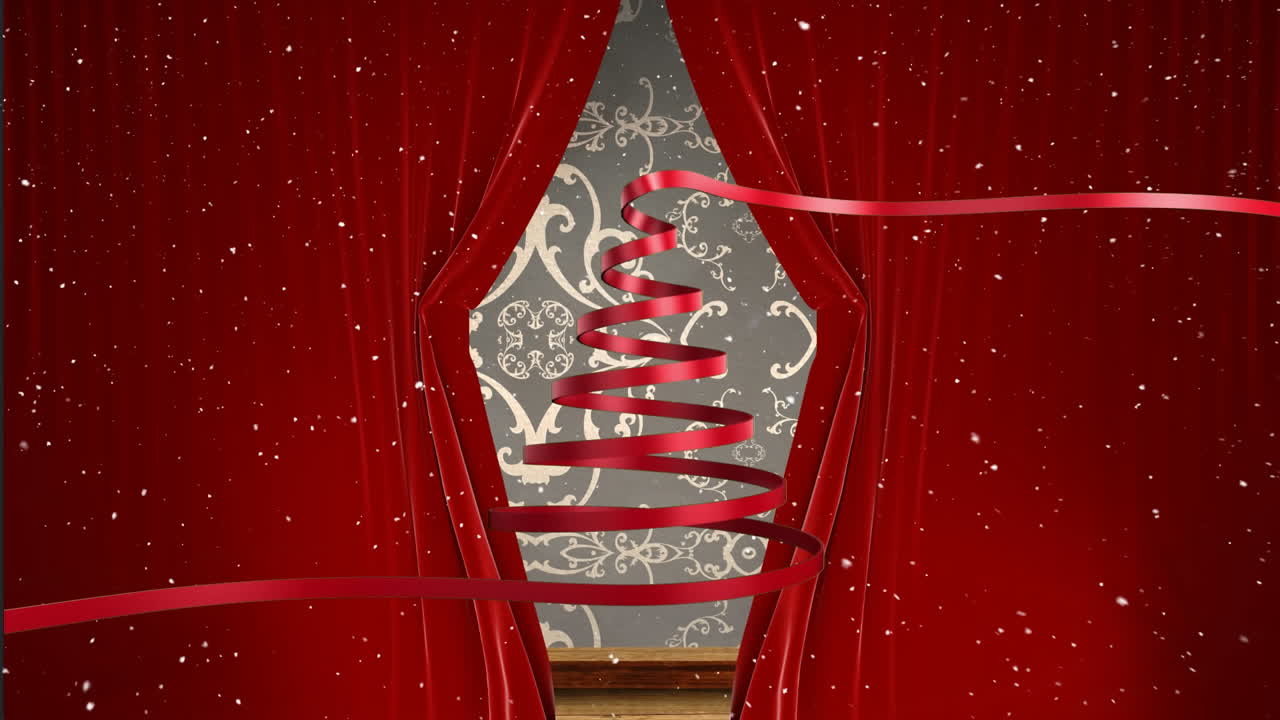 ⁇ 은 커튼 위에 눈이 떨어지고  ⁇ 은 리본이 크리스마스 트리를 형성하는 애니메이션