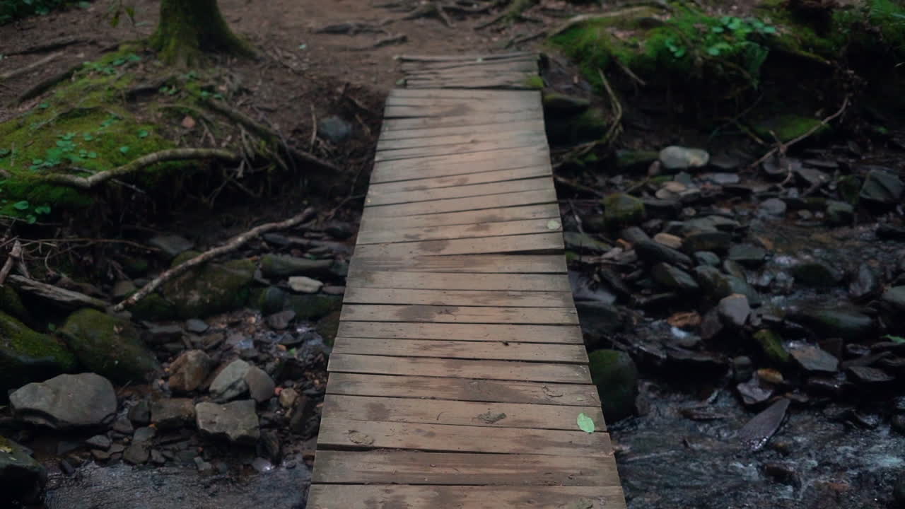 un puente de madera hecho a mano sobre un arroyo de montaña en un bosque idílico y pintoresco