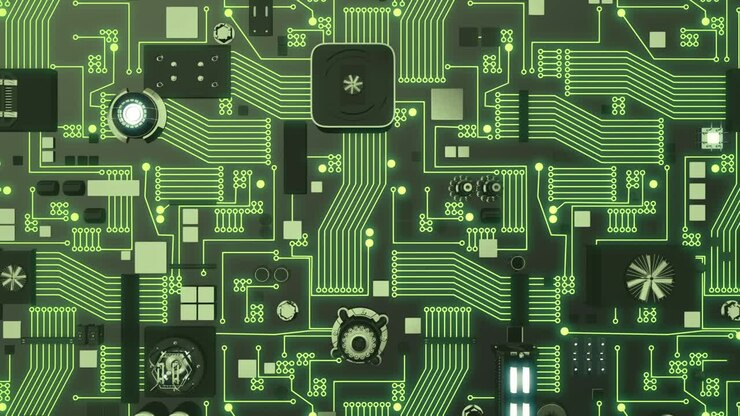 Concetto tecnologico con scheda di circuito futuristica verde illuminata