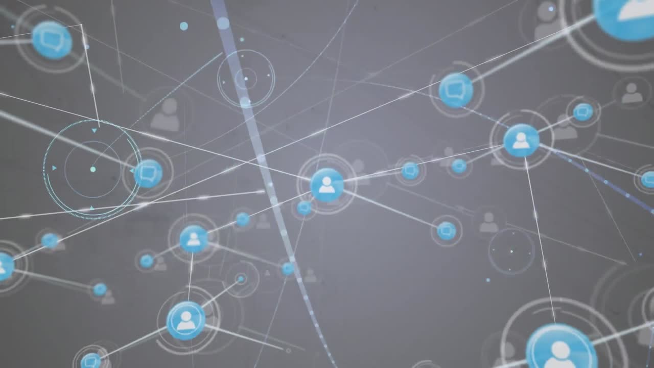 la animación digital de una comunidad en línea en una pantalla gris representa las líneas de conexión de diferentes.